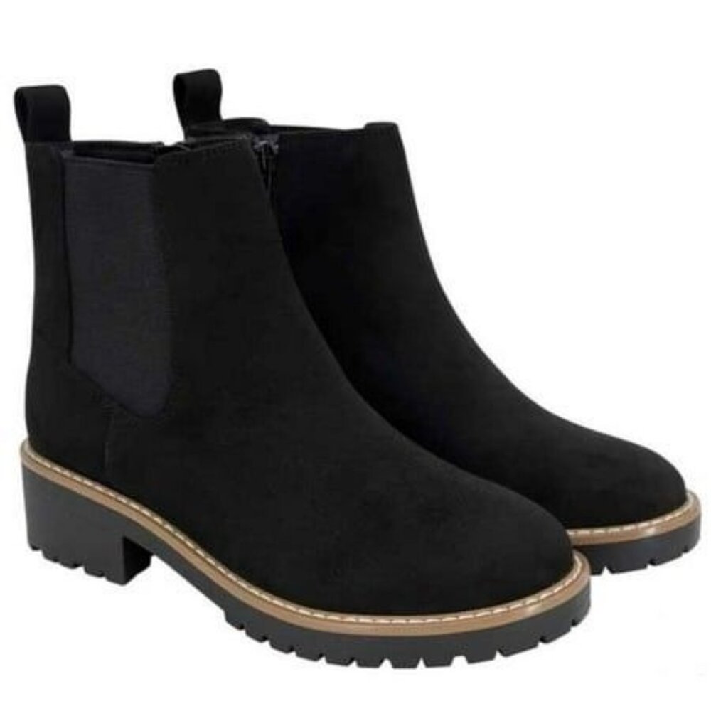 Kensie 7.5 Kayla Chelsea Boots Faux Suede Zipper Ankle Bootie Chunky Shoes Black